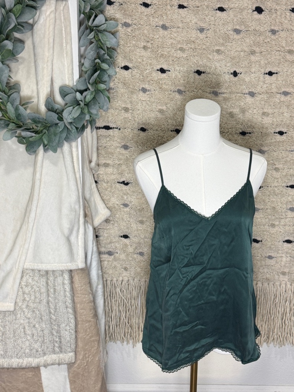 Anthropologie E by Eloise Dark Green Silk Lace Trim Cami Top size S